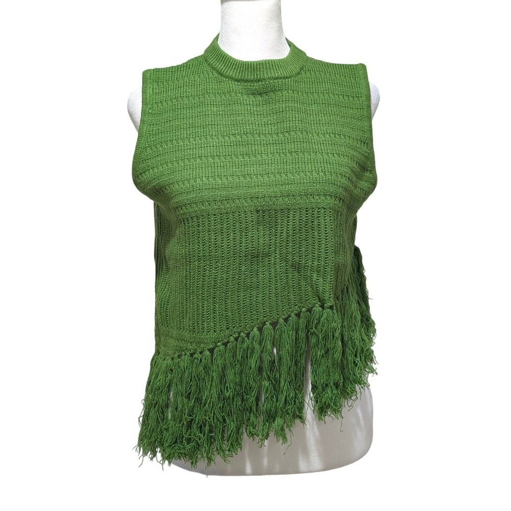 Shanti Crochet Tassel Hem Crop Top Apple Green Asymmetric Fringe S 2-4 Rebdolls